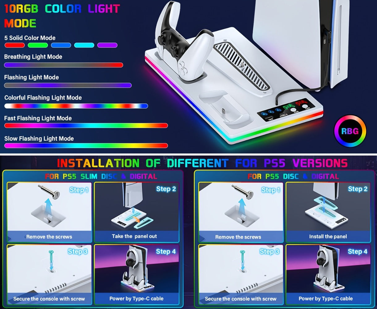 10 RGB Lights PS5 Cooling Stand with 3-Level Fan, Dual Controller Charging Station, USB Hub & Type-C Port – Compatible with PS5 / PS5 Slim / PS5 Pro Standard & Disc/Digital Edition