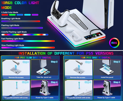 10 RGB Lights PS5 Cooling Stand with 3-Level Fan, Dual Controller Charging Station, USB Hub & Type-C Port – Compatible with PS5 / PS5 Slim / PS5 Pro Standard & Disc/Digital Edition