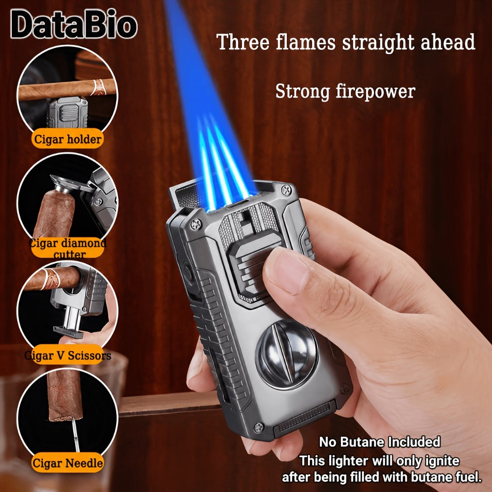 Three-Jet Refillable Butane Lighter with Fuel Window, Cigar Cutter, Punch and Needle Tools