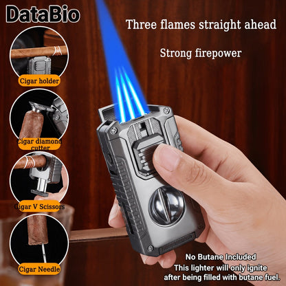 Three-Jet Refillable Butane Lighter with Fuel Window, Cigar Cutter, Punch and Needle Tools