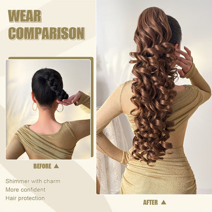 Curly Ponytail Extension 28 Inch Long Heat Resistant Synthetic Clip In Wrap Around Hairpiece Voluminous Bouncy Curls 4 Styles for Women Everyday Parties Festivals