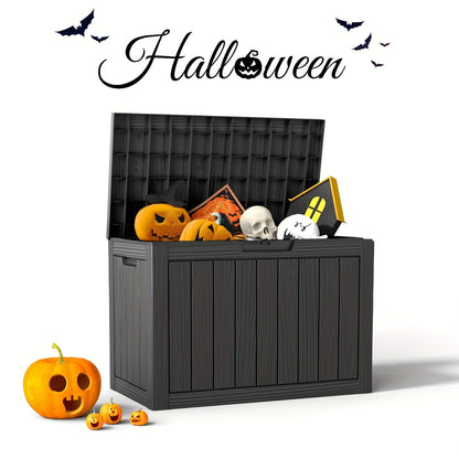 Wood-Grain Resin Deck Storage Box with Lockable Lid in Black or Light Brown Finish Options