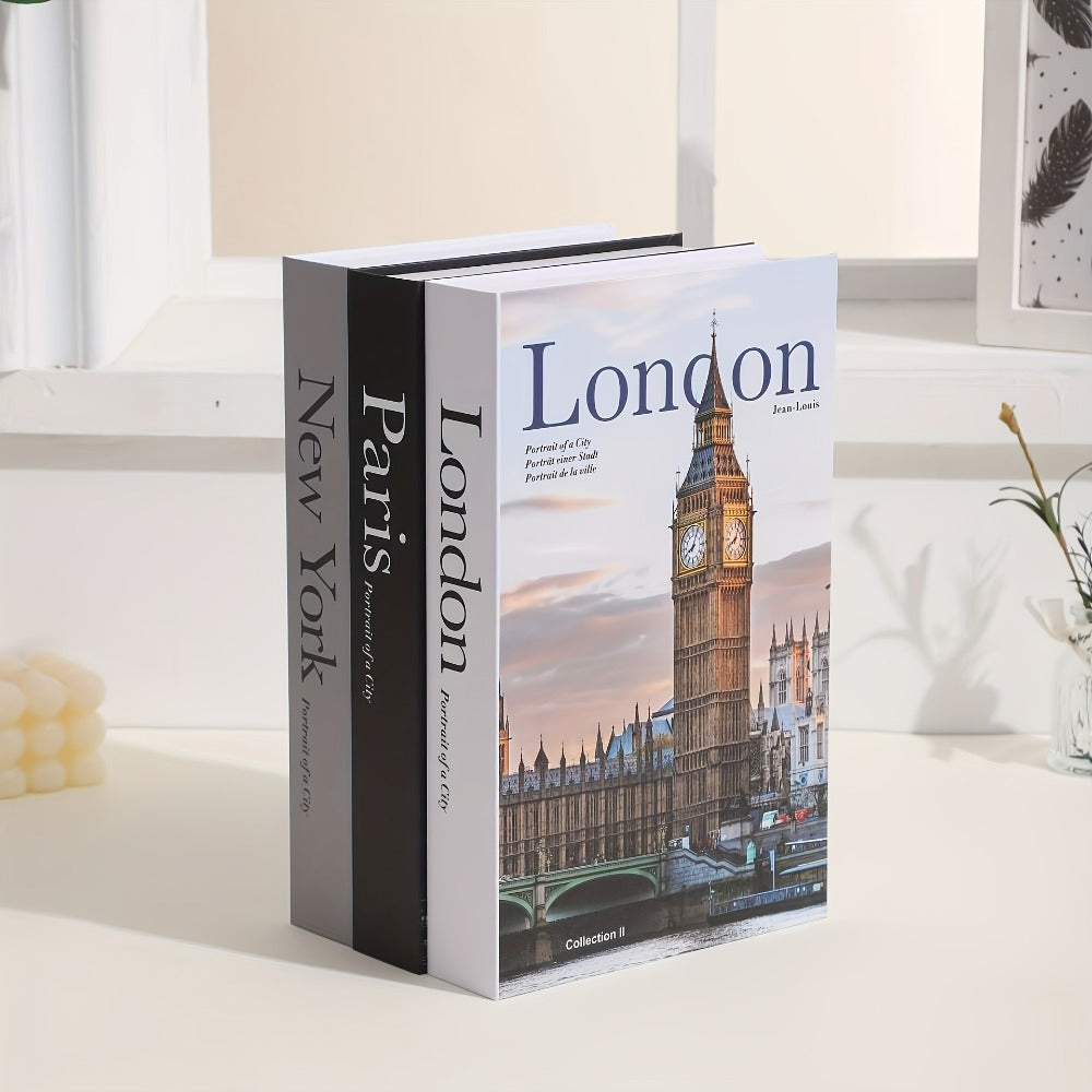 Three-Piece Decorative Book Box Set with Paris, London and New York Covers for Shelves and Coffee Tables
