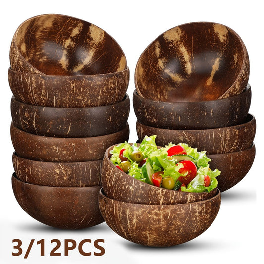 Coconut Shell Bowls Polished Handmade Natural Wooden Bowls for Smoothie, Acai, Fruit, Salad & Yogurt — Rustic Decorative Serving Bowls, Eco-Friendly Vegan Kitchen Gift | 3 or 12 Pack