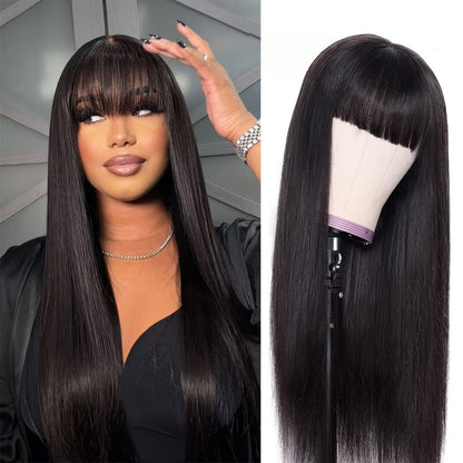 Synthetic Wig 26-Inch Black Straight Style with Full Bangs, Heat-Resistant Fiber and Machine Cap