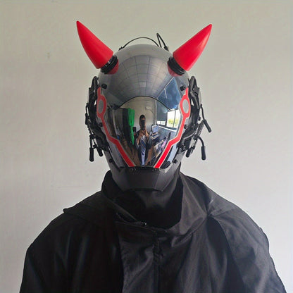 Pink LED Cyberpunk Costume Mask with Horned Full-Face Helmet, Reflective Visor and Lighted Accent Lines