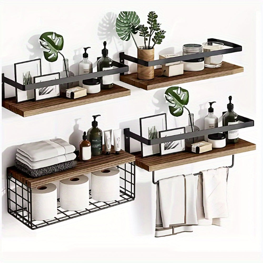 Rustic Wall-Mounted Shelf Sets in Two- or Four-Piece Configurations with Wood Platforms and Black Metal Storage Racks
