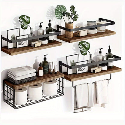 Rustic Wall-Mounted Shelf Sets in Two- or Four-Piece Configurations with Wood Platforms and Black Metal Storage Racks