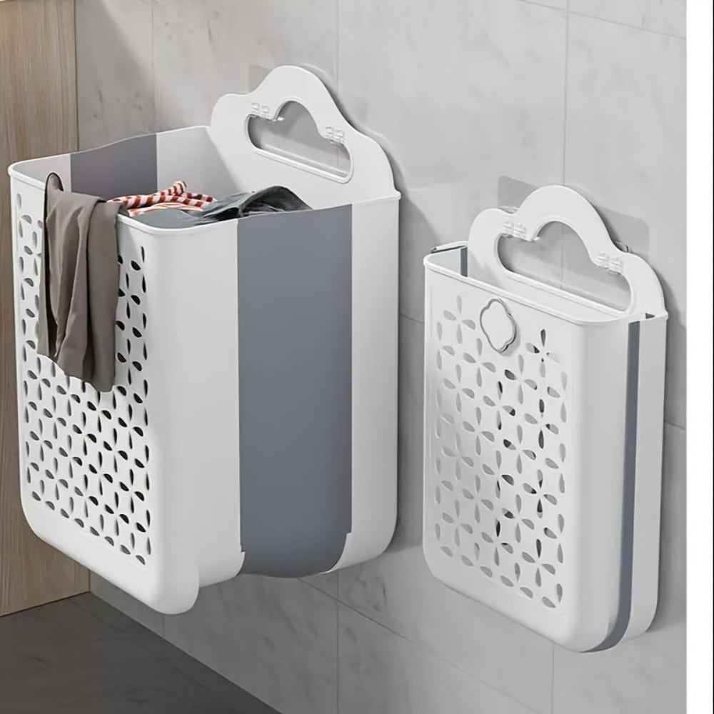 Foldable Laundry Basket Wall Mounted – No-Drill Plastic Storage Bin with Cutout Design for Clothes, Toys, Snacks & Fruits – Space-Saving Collapsible Organizer for Bathroom, Balcony & Bedroom