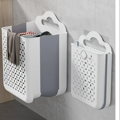 Foldable Laundry Basket Wall Mounted – No-Drill Plastic Storage Bin with Cutout Design for Clothes, Toys, Snacks & Fruits – Space-Saving Collapsible Organizer for Bathroom, Balcony & Bedroom