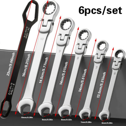 Six-Piece Metric Double-Ended Ratcheting Wrench Set with Flexible Heads, 6–10 mm Sizes and Roll Pouch