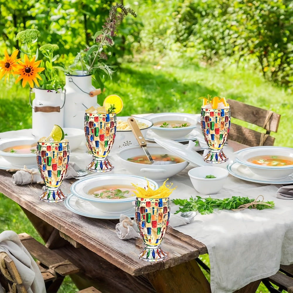 Mosaic-Pattern Drinking Glasses with Footed Bases, Two- or Six-Piece Colorful Goblet Sets for Table Settings