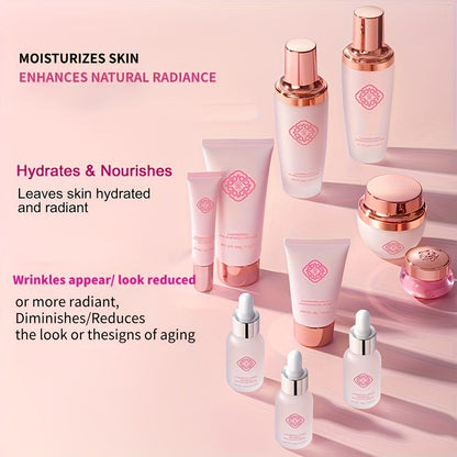 10-Piece Botanical Skincare Gift Set with Coordinated Bottles, Jars and Tubes in a Pink Presentation Box