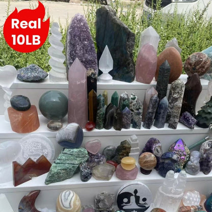 Ten-Pound Mixed Crystal and Gemstone Decorative Collection with Towers, Spheres, Clusters and Rough Stones