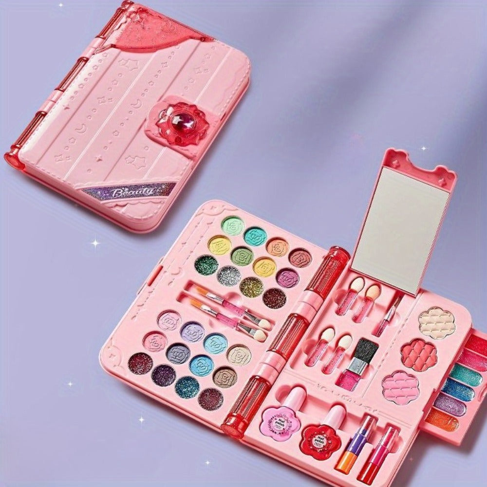 Kids Washable Makeup Set with Mirror — Princess Makeup Case for Girls, Birthday & Halloween Gift, Safe Non-Toxic Cosmetic Play Set for Children