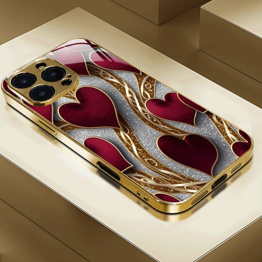 Phone Case Red and Gold Heart Pattern Slim Cover for Select iPhone and Samsung Galaxy Models