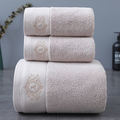 Three-Piece Towel Set with Two Hand Towels and One Bath Towel in Four Embroidered Color Options