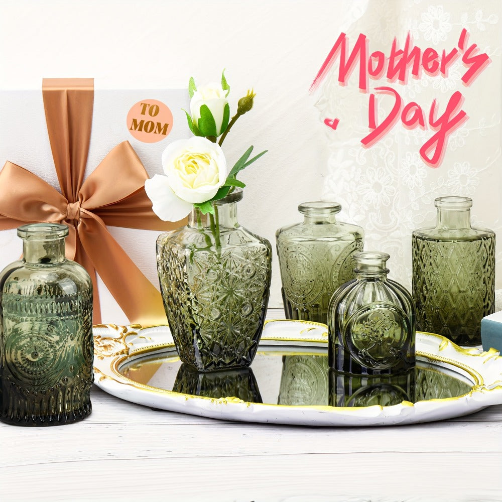 Gradient Green Mini Glass Bud Vases, 14-Piece Mixed Relief Bottle Set for Tables, Weddings and Shelf Decor