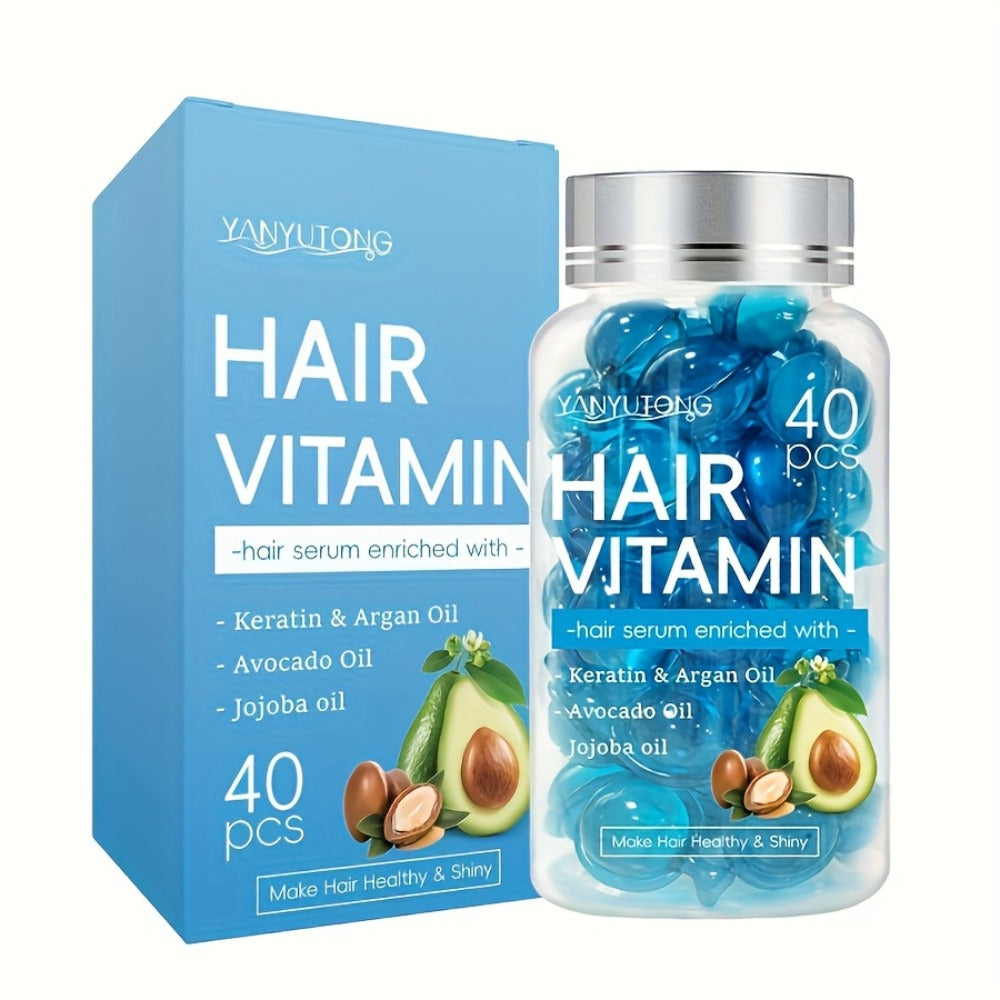Hair Oil Capsules 40pcs — Keratin Hair Vitamin Essence with Moroccan Argan Oil, Avocado Oil & Jojoba Oil | No-Rinse Deep Nourishing & Smoothing Treatment for Frizz Control & Shine | All Hair Types