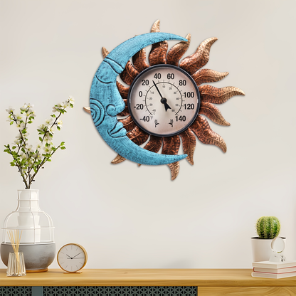 13.8-Inch Sun and Moon Outdoor Thermometer with Analog Dial and Blue-Bronze Wall-Mount Frame