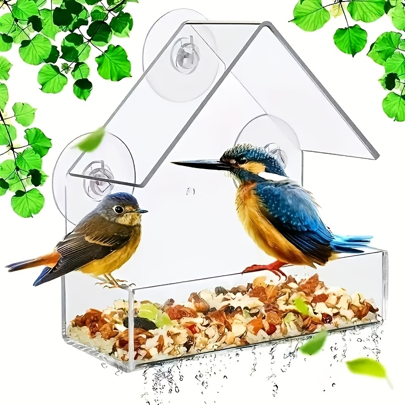 Clear Window-Mount Bird Feeder with Suction Cups, Roofed Seed Tray and Transparent Single Checkout