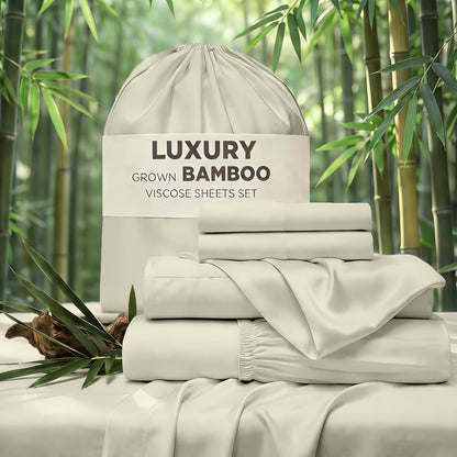 Bed Sheet Set 4-Piece Bamboo-Derived Rayon with Deep-Pocket Fitted Sheet in Twin, Full, Queen and King Sizes