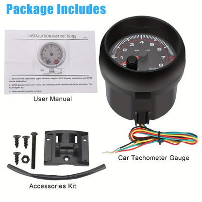 Car Tachometer Gauge 12V 0-8000 RPM 3.75 Inch - LED Shift Light, ABS Black Dial for 4 6 8 Cylinder Petrol Engines, Universal Fit with Accessories Kit