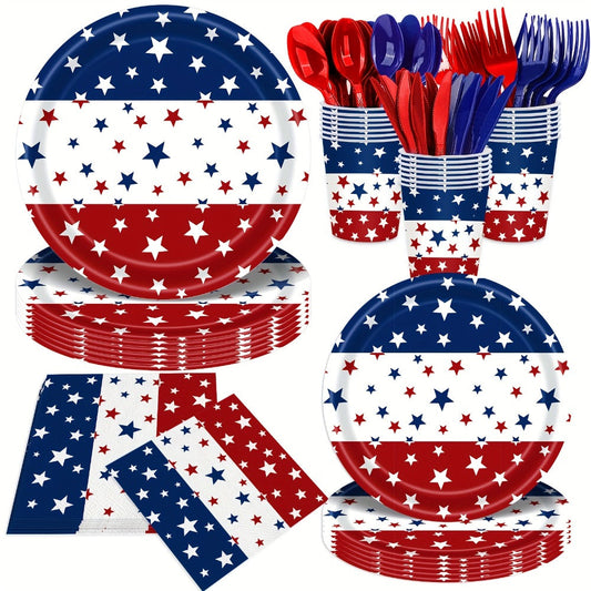 Patriotic Tableware Party Supplies Set with 140 Pieces for 20 Red White Blue Star-Print Settings