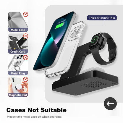 3-in-1 MagSafe Wireless Charger Foldable Travel Charging Station 15W Fast Charge – LED Indicator, Anti-Slip Stand for iPhone 17/16/15/14/13/12, Apple Watch Ultra/Series 10/9/SE & AirPods Pro | Jet Black & White
