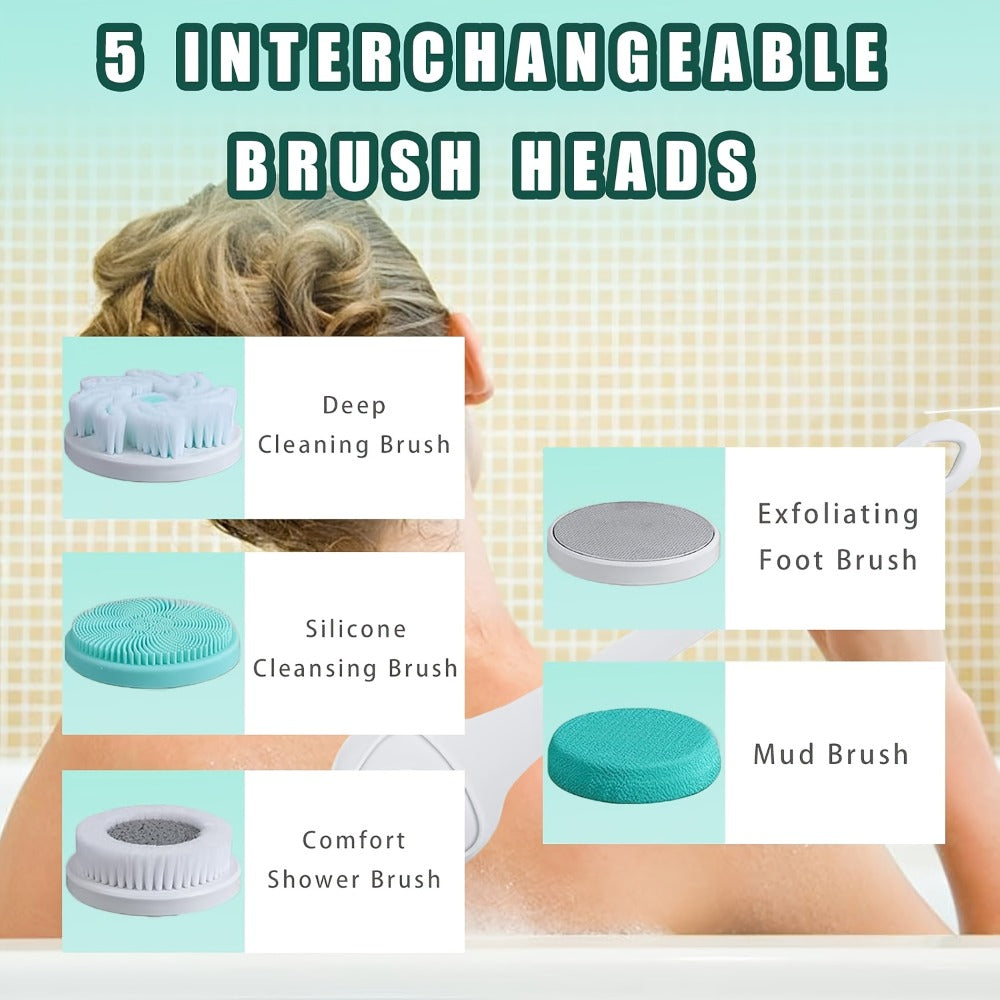 Electric Body Scrubber 6-in-1 Rechargeable Shower Brush - Vibrating Exfoliating Brush with Long Handle, 6 Brush Heads for Deep Cleansing, Back Scrubber, Pore Cleansing, Spa Gift for Women & Men