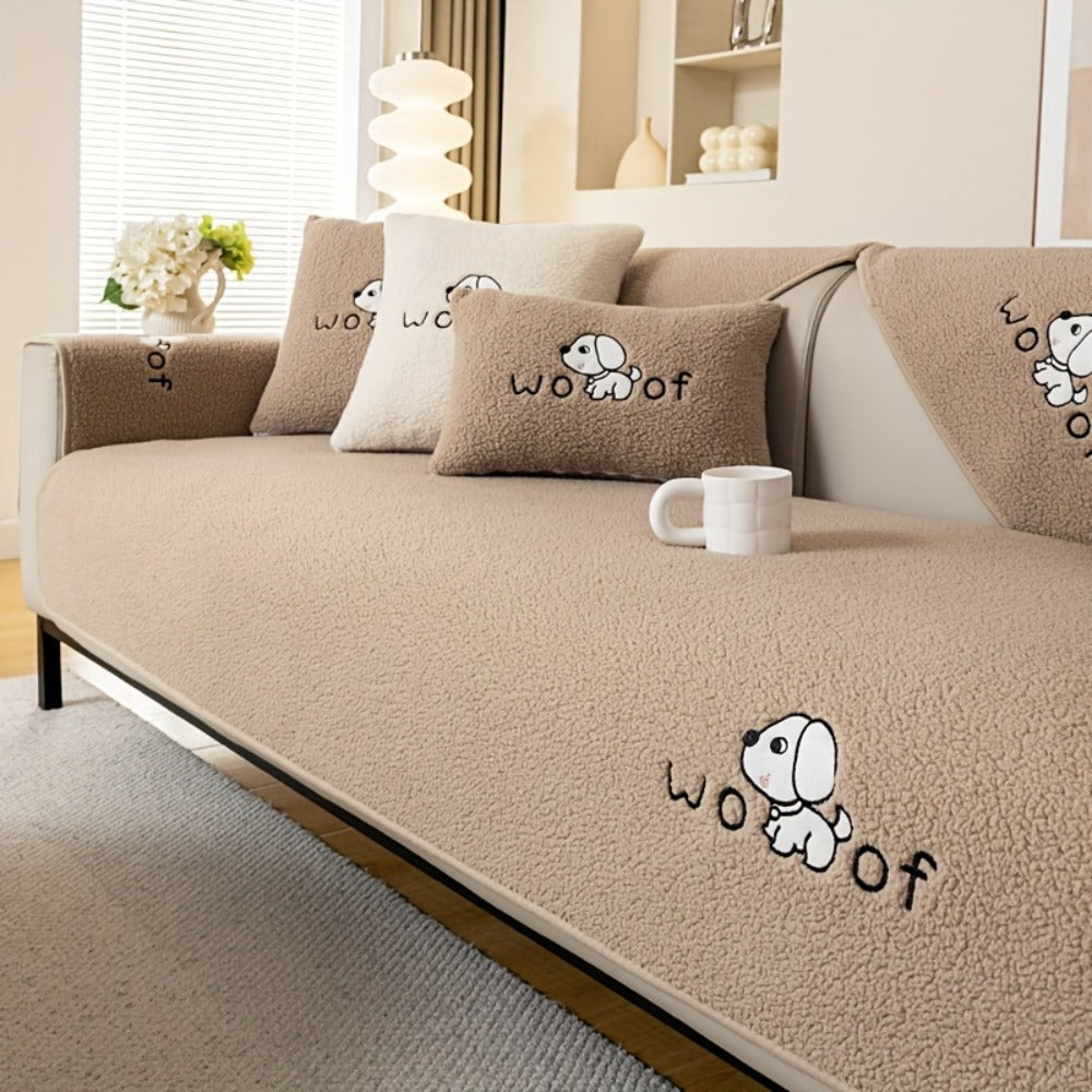 Sofa Cover Embroidered Plush-Texture Panels for Single to 4 Seats, Backrest, Armrest or Pillowcase