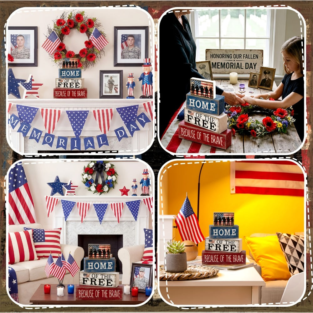 Home of the Free Patriotic Wooden Block Sign with Four-Tier Red, White and Blue Tabletop Design