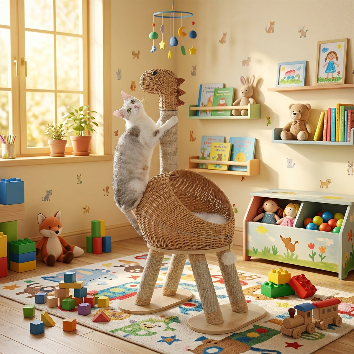 Brown 46-Inch Dinosaur Cat Tree with Woven Pod Bed, Four Sisal-Wrapped Posts and Removable Cushion