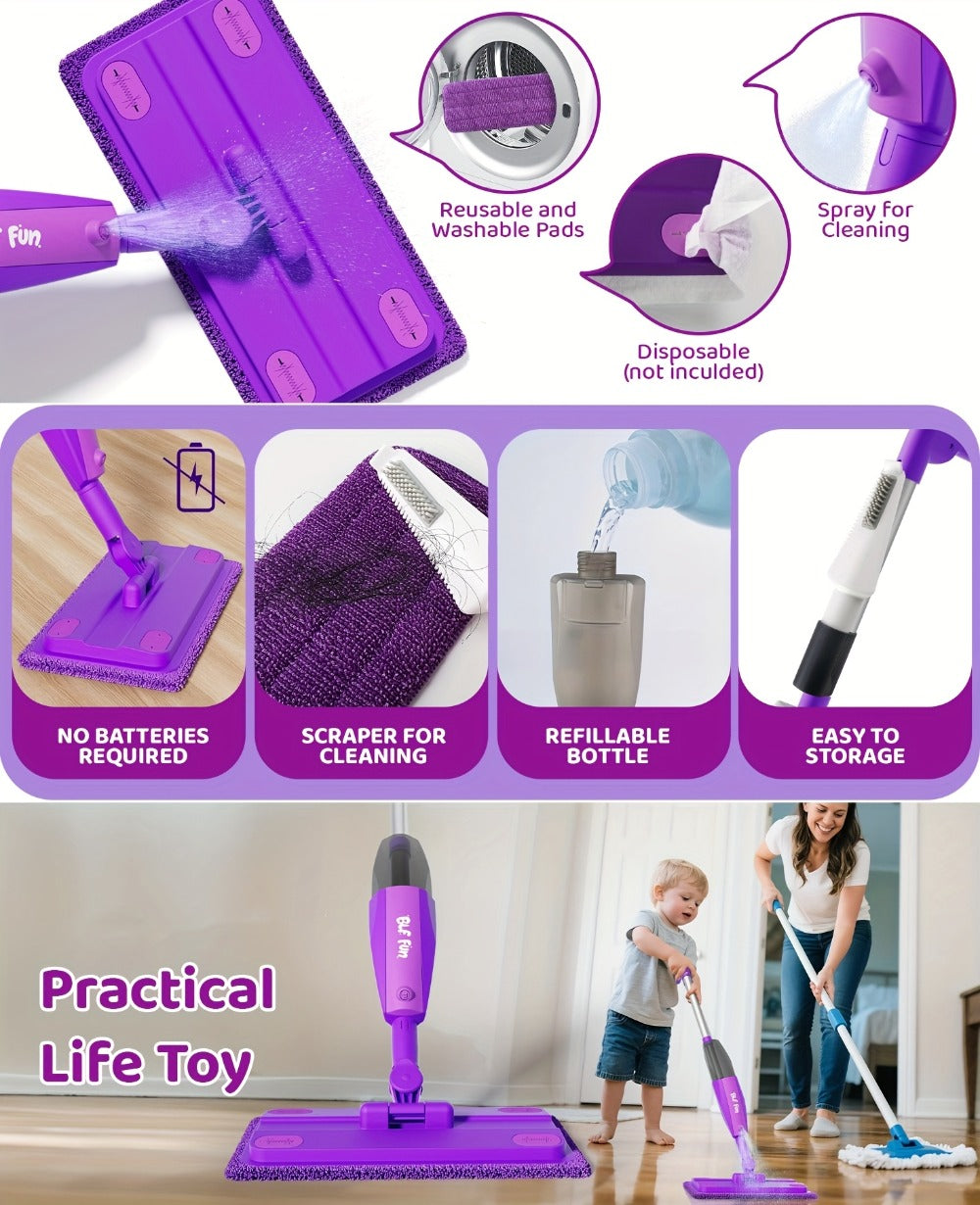 Purple Pretend Play Spray Mop Set with 29-Inch Sectional Handle, Squeeze Trigger and Two Mop Pads