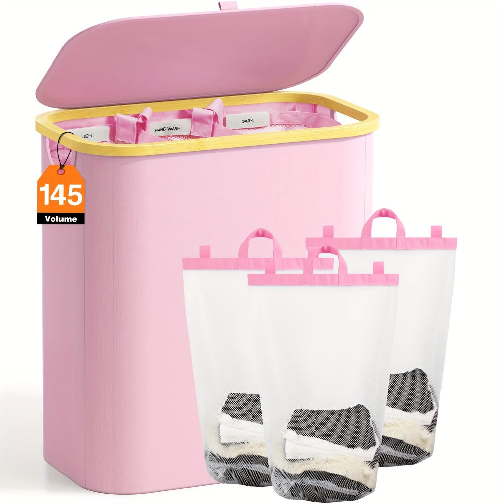 Pink 145L Laundry Hamper with Lid, Three Sorting Sections, Bamboo-Look Handles and Removable Inner Bags