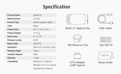 Drawing Tablet XENX 8192 Pressure Levels Battery-Free Stylus 5080 LPI 266 PPS 2 Programmable Buttons Compatible with Android Mobile Windows Mac Portable Pen Tablet for Digital Art Animation Design