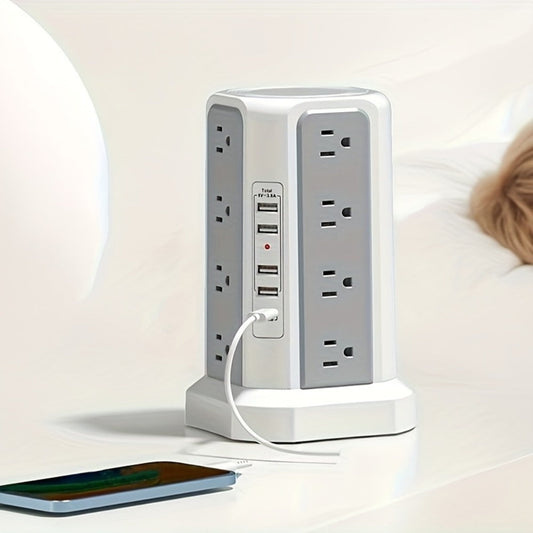 PD18W USB-C Power Strip Tower 21-in-1, 16 AC Outlets & 5 USB Ports, 1500J Surge Protector, Angled Flat Plug, 6ft 13A Extension Cord, Fast Charging Desktop Power Tower for Home Office Dorm – White
