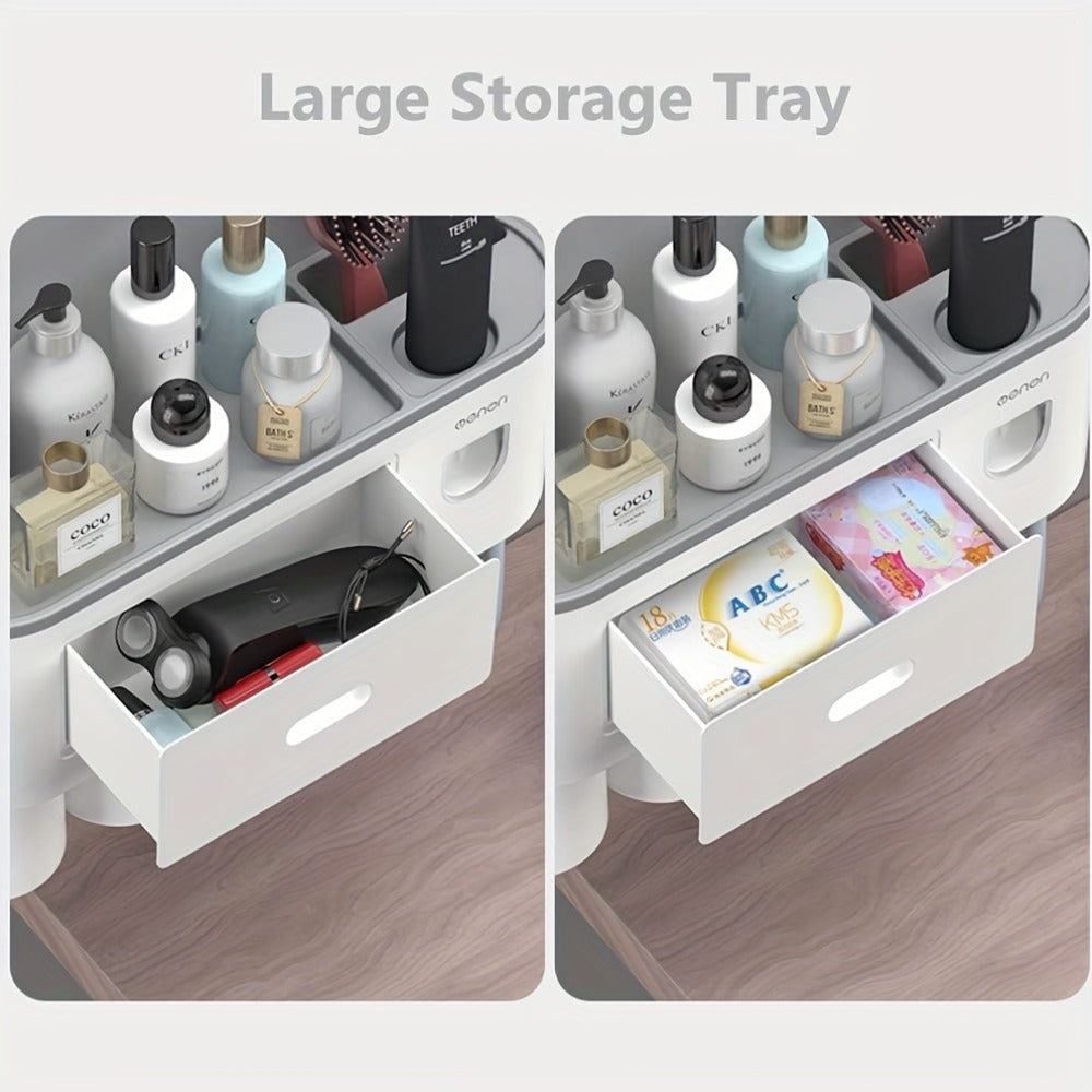 Wall-Mounted Toothbrush Organizer with Dispenser, Side Brush Stand and Two- or Three-Cup Options