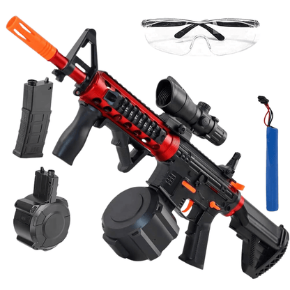 Red-and-Black M416-Style Electric Gel Blaster Set with Scope, Drum, Magazine, Goggles and Charging Cable