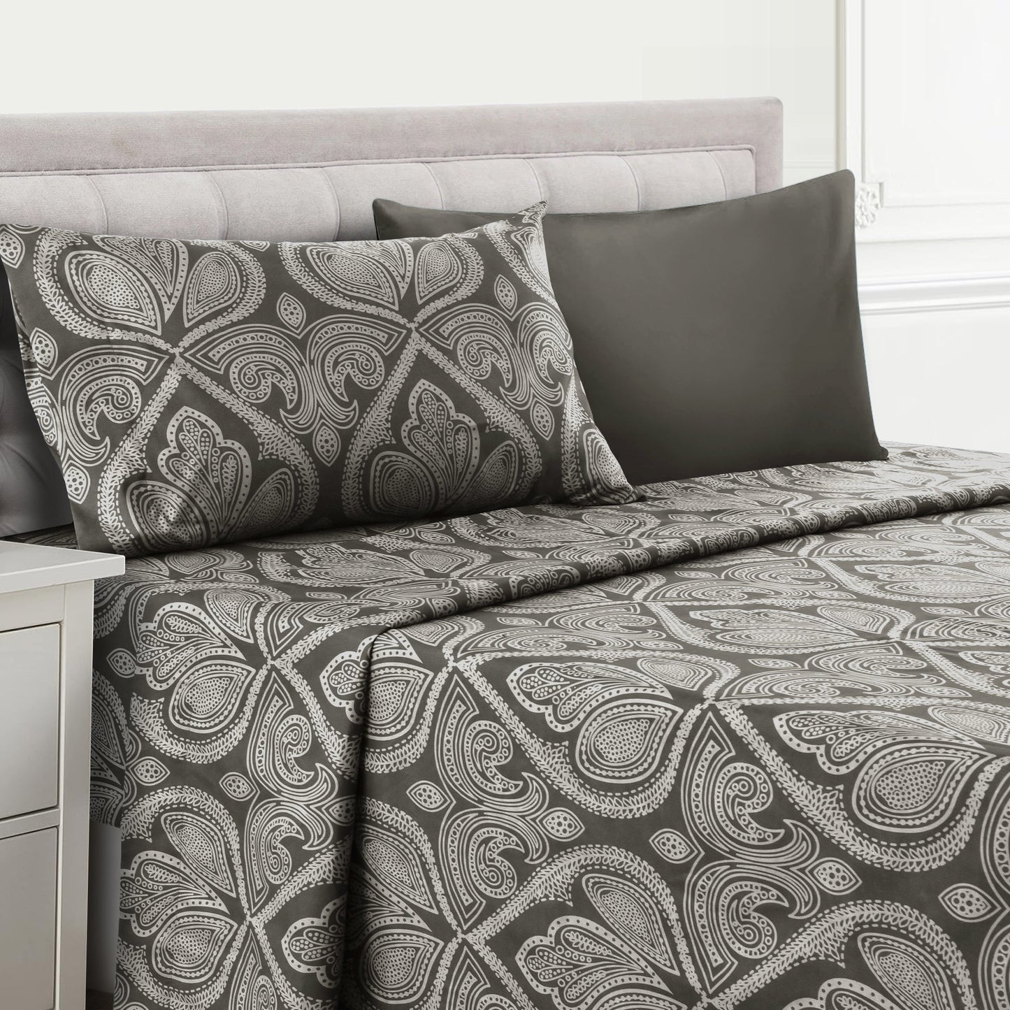 Bed Sheet Set Paisley Brushed Polyester in 4- or 6-Piece Sizing with 16-Inch Pocket and Wash Instructions