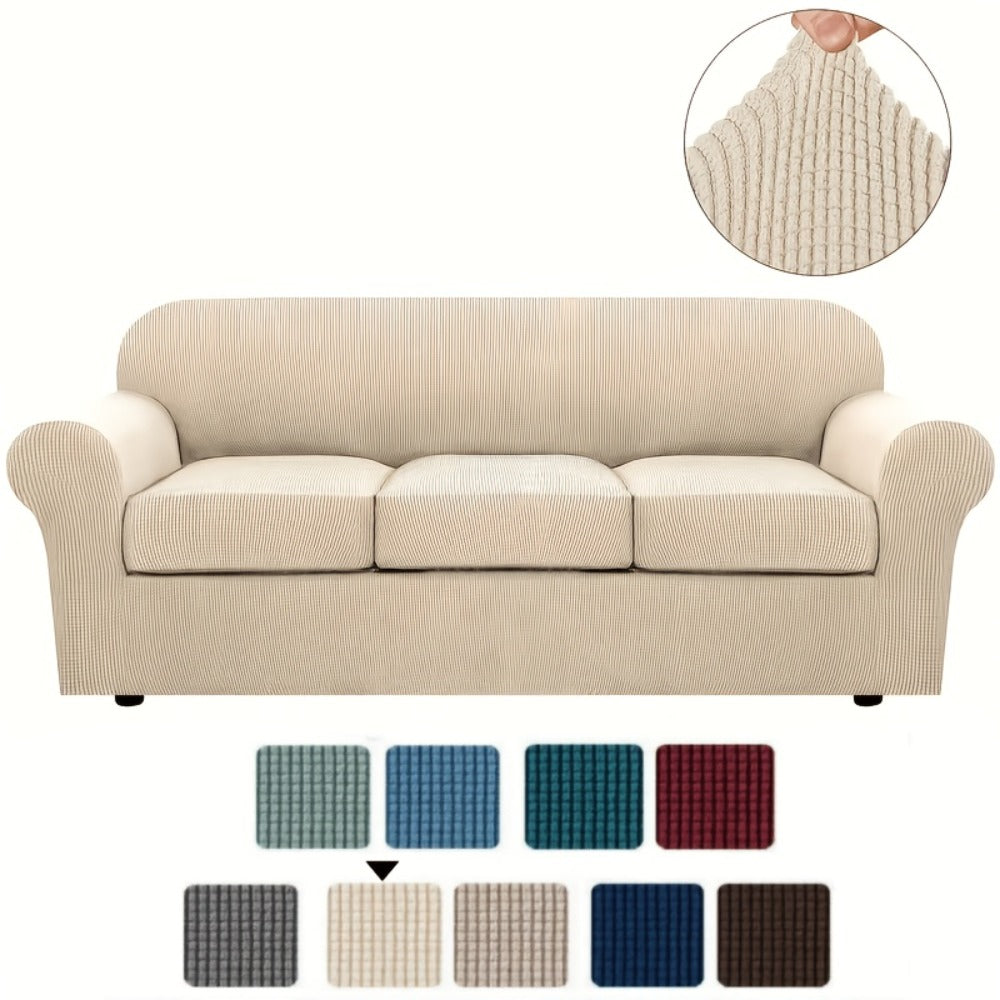 Sofa Cover Grid Jacquard Elastic Full-Cover Slipcover with Anti-Slip Fit for 1 to 3 Seats and XL Sofas