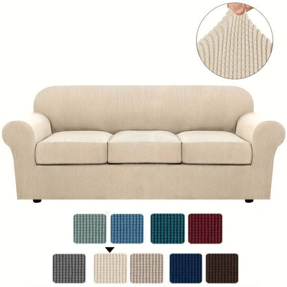 Sofa Cover Grid Jacquard Elastic Full-Cover Slipcover with Anti-Slip Fit for 1 to 3 Seats and XL Sofas