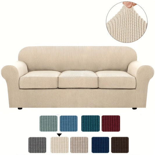 Sofa Cover Grid Jacquard Elastic Full-Cover Slipcover with Anti-Slip Fit for 1 to 3 Seats and XL Sofas
