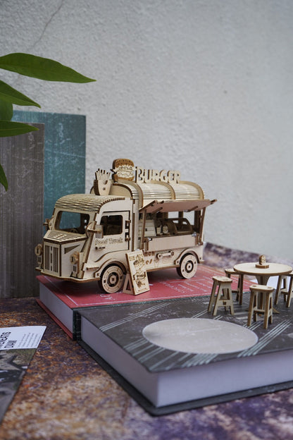 Wooden Food Truck 3D Puzzle Model Kit with Burger Stand Body, Miniature Tables and Pictured 21.5 cm Length