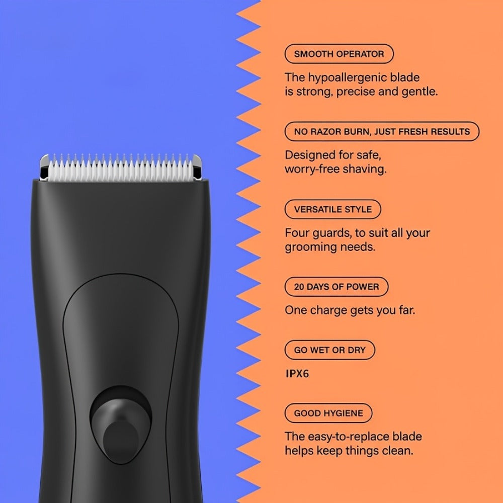 Ceramic-Blade Body Hair Trimmer with IPX6 Rating, Two Guide Combs and Black or Purple Options