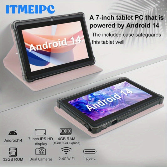 Android Tablet 7-Inch ITMEIPC with Android 14, Quad-Core CPU, 32GB Internal Storage and Protective Case