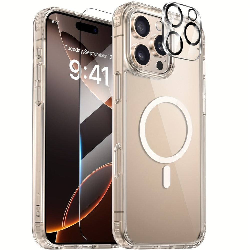 MagSafe iPhone Case with Screen Protector & Camera Lens Protector – N52 Super Magnet Shockproof Clear TPU PC Cover, Anti-Yellow, 3-in-1 Bundle for iPhone 16 16 Plus 16 Pro 16 Pro Max 15 14 13 11