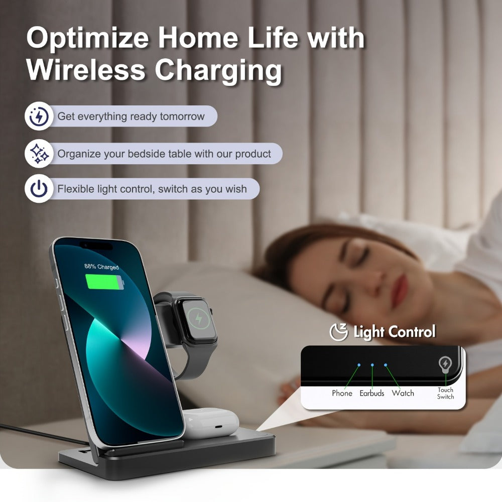 3-in-1 MagSafe Wireless Charger Foldable Travel Charging Station 15W Fast Charge – LED Indicator, Anti-Slip Stand for iPhone 17/16/15/14/13/12, Apple Watch Ultra/Series 10/9/SE & AirPods Pro | Jet Black & White
