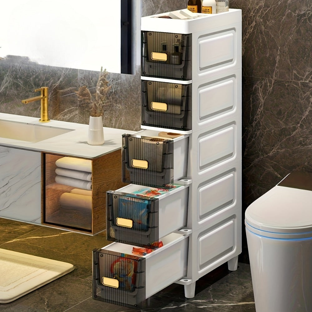 Storage Cabinet Slim PP Drawer Tower with Wheels, Pull-Out Bins and Three, Four or Five Layers