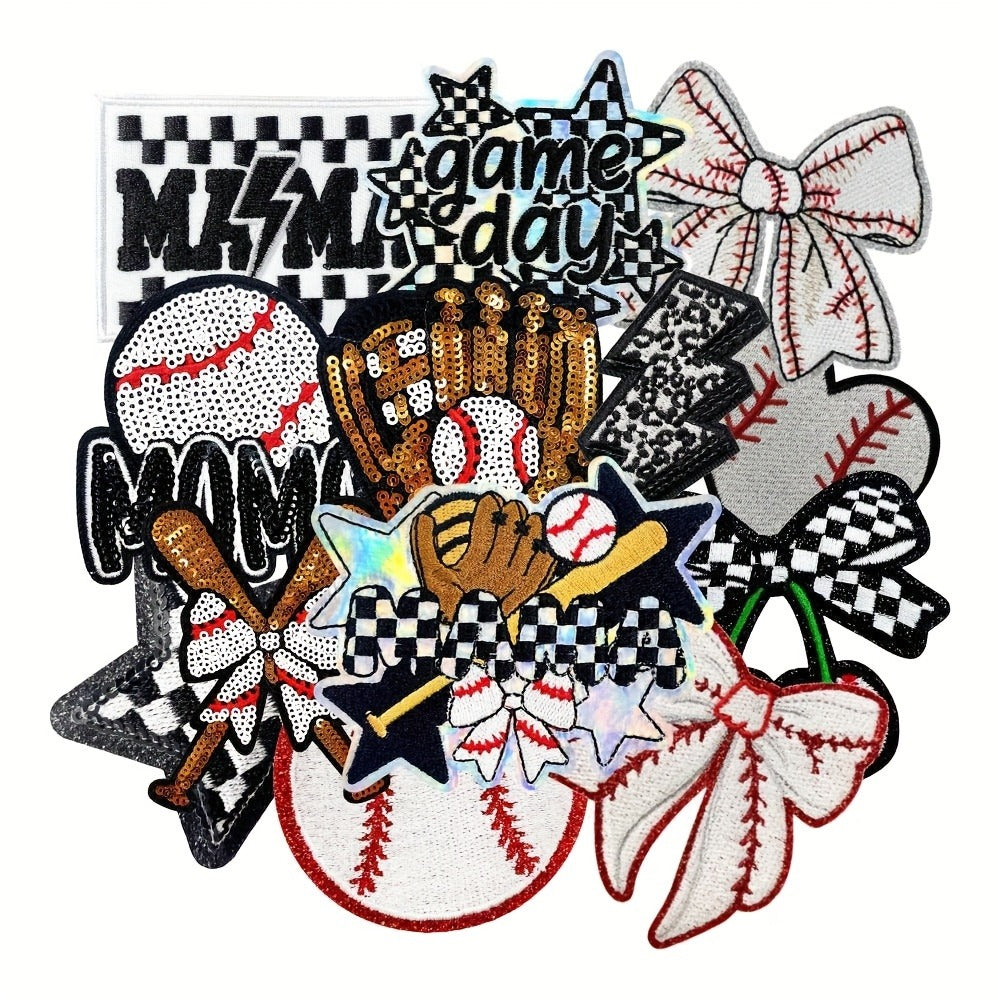 Embroidered Patch - Baseball Patches Iron-on 13pcs Sequin Applique Set with Gloves Bats Stars - main product view